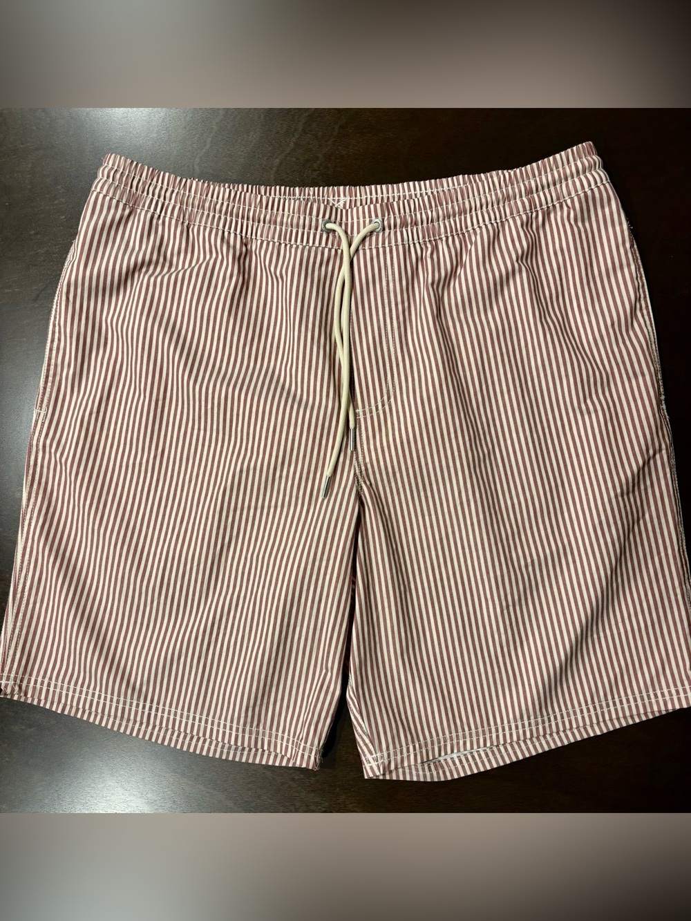 Quicksilver Waterman Men’s Striped Drawstring Swim Trunks in Burgundy & Cream XL
